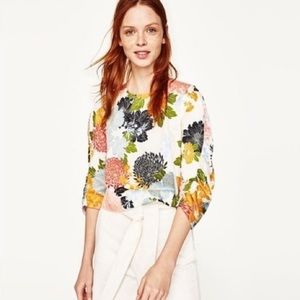 Zara floral print gathered sleeve women's blouse XS